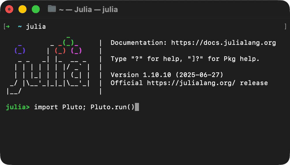 screenshot of the Julia REPL running the command import Pluto; Pluto.run()